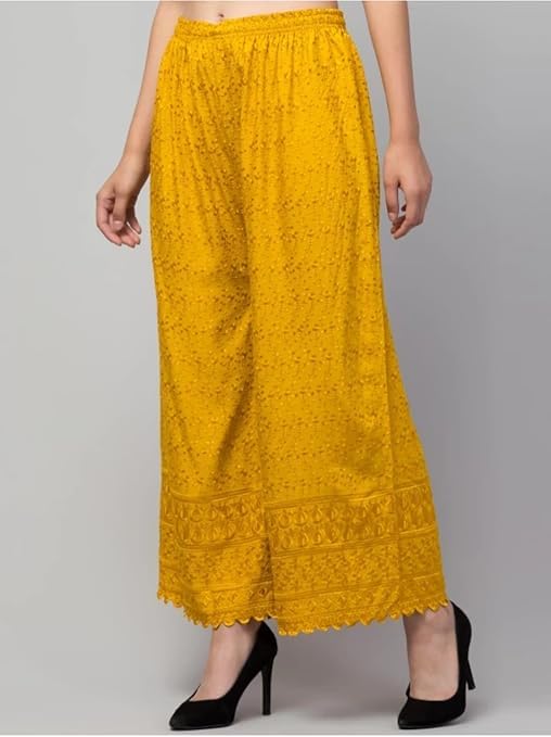 Image of Women's Palazzo Pants Rayon Trousers Chikankari Embroidered Lace Trim Wide Leg Straight Fit Flared Palazzo for Girls & Women