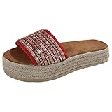 Damen Espadrille Flache Sandalen Ethnische Slip On Strand Sandalen Dicke Sohle Offene Zehe Plateau Slides (Red-B, 40)