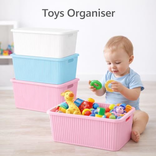 Image of Plastic Storage Box with Lid - Large Stackable Organizer Storage Box for Clothes, Toys, Kitchen - Big Size Plastic Storage Container Basket for Home, Office, Bathroom(Large,3pcs,MultiColor)