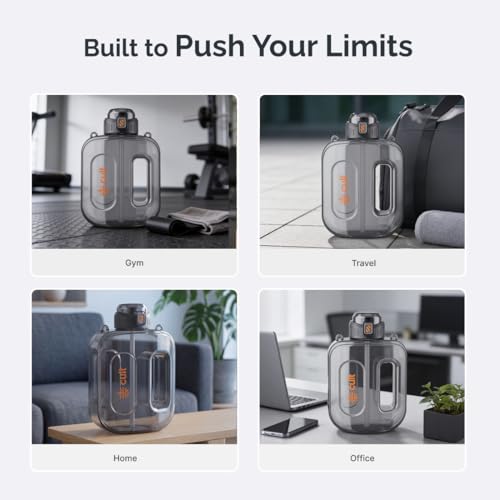 Image of Cult Mini Gallon 1.6L Water Bottle Leakproof Gym Bottle with Straw & Strap Portable Hydration Bottle for Gym, Office, Travel & Daily Use (Black)