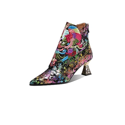 TinaCus Women's Pointed Toe Floral Suede Leather with Handmade Embroidery Mid Heels Zip Up Ankle Boots