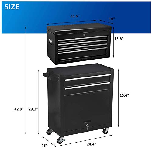 8-Drawer Rolling Tool Chest,Big Tool Chest and Tool Storage Cabinet,Tool Chest with 4 Wheels,Removable Portable Top Box with Lock Tool Chest for Garage and Warehouse (Black) - Thumbnail 6