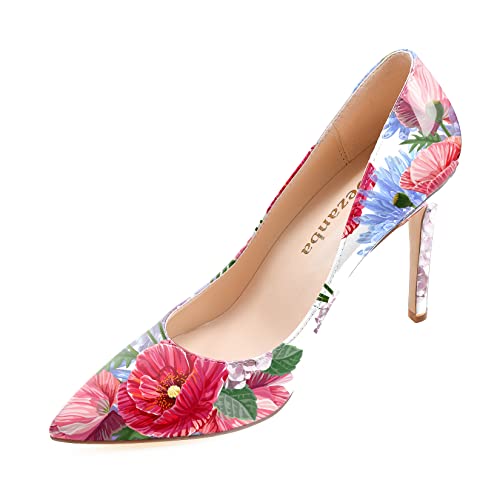 Women's Hot Red Floral Closed Toe Heeled Shoes/Blue Purple Flower Printed 3.94 Inches High Heels/Fashion Wedding Multi Color Comfortable Heels Size 9 #TOP18