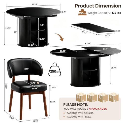 Image of MALOL 47 inch-63 inch Extendable Round to Oval Dining Table Chairs Set for 4-8, Modern Wooden Kitchen Table and Chairs with Hidden Storage and Fluted Design for Dining Room /Small Space(Black)