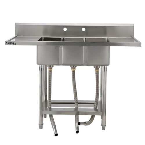 Image of Freestanding Stainless Steel Utility Sink with Hot & Cold Pull-Out Faucet, Large Capacity Laundry Sink with Storage Shelf & Drain Kit for Garage Kitchen Backyard Commercial Use