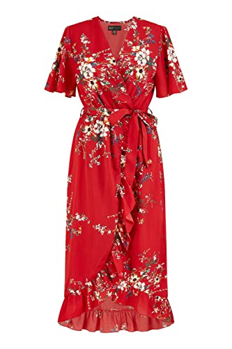 Mela London Mela Red Floral Dip Hem Wrap Midi Dress 10 Red
