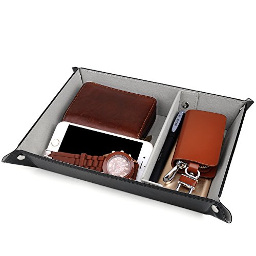 SPSHENG Valet Tray for Storage,PU Leather Jewelry Nightstand Organizer Watch Coin Change Key Tray Box Black
