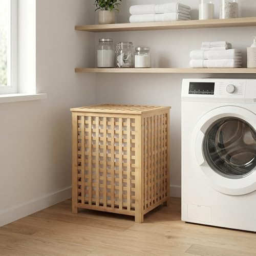 CLP Lenca - Cesto para la ropa sucia (madera, 90 L, lavable, marco de bambú, para baño, color natural) - imagen 3