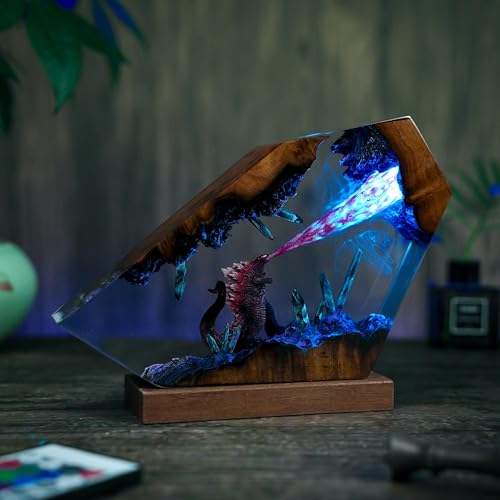 Handmade GodziIIa Resin Night Light 3D Atomic Breath Sculpture Lamp with Wooden Base Artistic Gift for Fans & Room Decoration