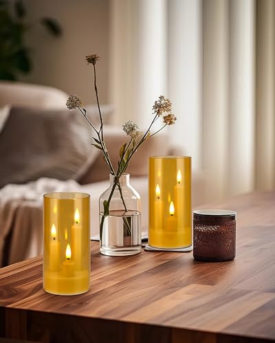 Image of Enido Gold 2 Pc 3-in-1 Taper Flameless LED Candles with Remote, Battery Operated Acrylic Pillar Set, 3 inch x 6 inch Flickering Electric Lights for Cozy Home & Holiday Romantic Decor