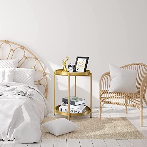 Danpinera 2-Tier End Table, Outdoor Side Table Metal Round Side Table With Removable Tray, Small Folding Accent Table, Anti-Rust Nightstand For Bedroom Balcony Patio Living Room (Gold) #TOP5