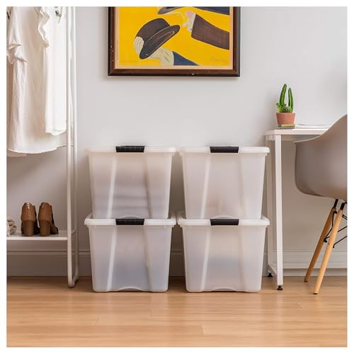 Image of IRIS USA 72 QT Plastic Storage Box with Lid and Latches - 8 Pack - BPA-Free, Discreet Organizing Solution, Durable Nestable Stackable Containers, Secure Pull Handle - Pearl