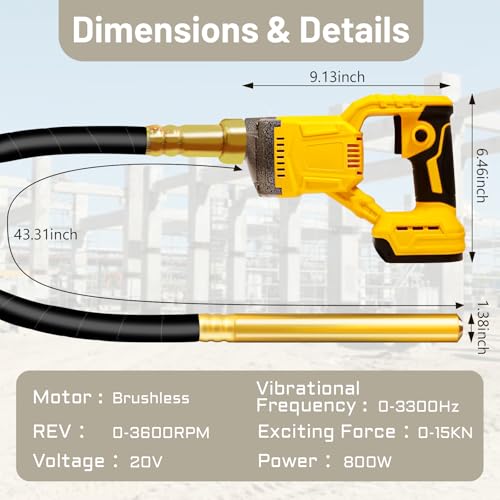 Handheld Concrete Vibrating Tool, Compatible with Dewalt 20V Battery (No Battery), 800W Cordless Electric Concrete Vibrator with 3.6ft Shaft Rod, Portable Vibrator for Remove Air Bubble by LCBBKYSQ - Image 2