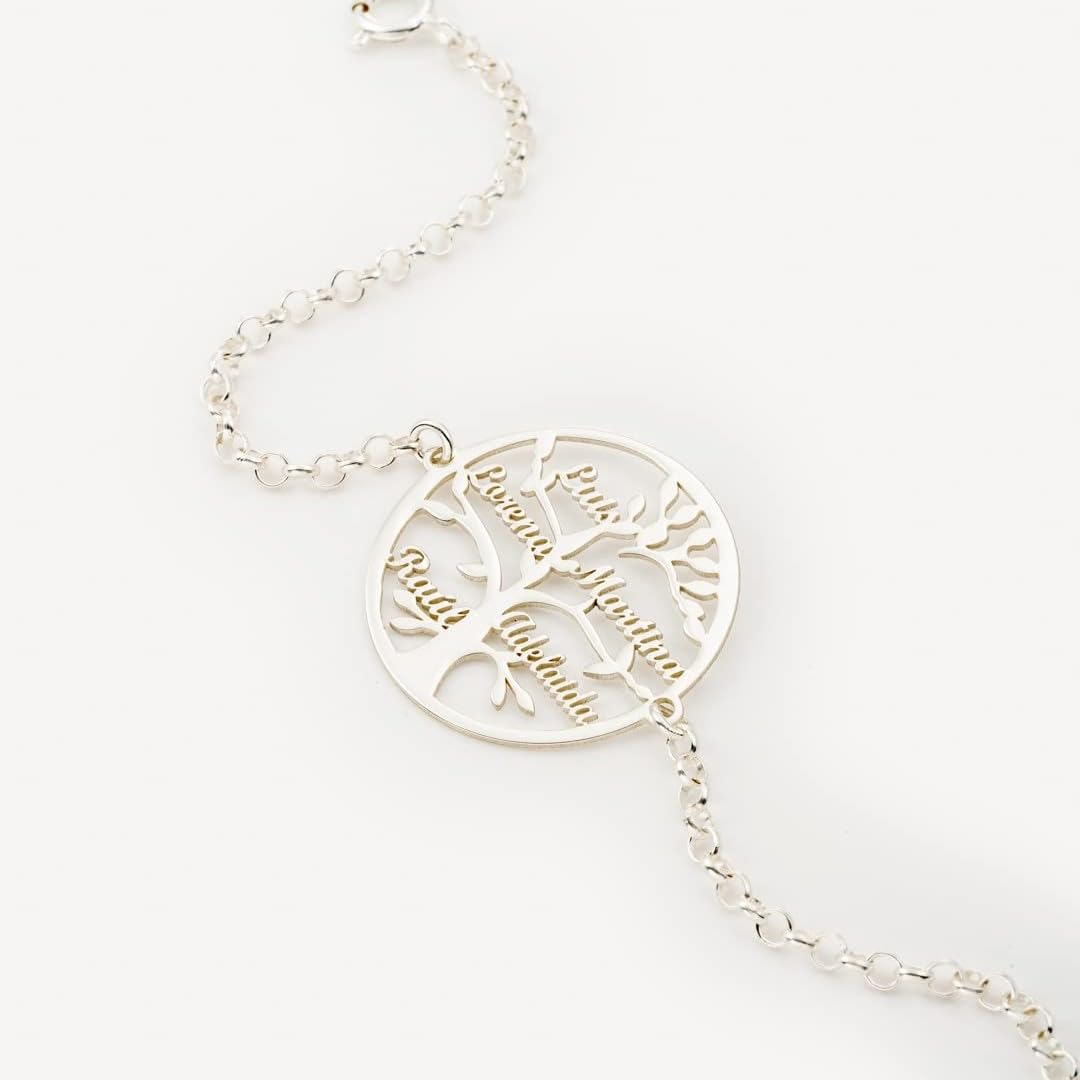 Collar Árbol de la Vida para Mujer Plata de Ley - Colgante Regalo para Madres y Abuelas con Nombres de su Familia - Cadena de 45 cm + 3cm