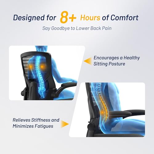 Image of Office Desk Chair for Long Hours & Lower Back Pain Relief - 4 inch Thick Molded Foam Cushion, Enhanced Lumbar Support, Padded Flip-up Armrests, Ideal for Office or Study, Black