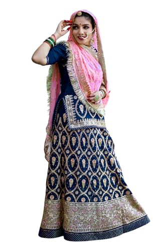Image of Heavy Embroidery Work Semi Stitched Shimmer Silk Rajputi Poshak For Women Rajasthani Lehenga Choli