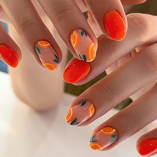 IMSOHOT Oval Short Press on Nails Orange French Tips Fake Nails Fresh Fruit Designs Nude Glossy Glue on Nails Round Acrylic False Nails with Designs Cute Stick on Nails for Women and Girls 24Pcs