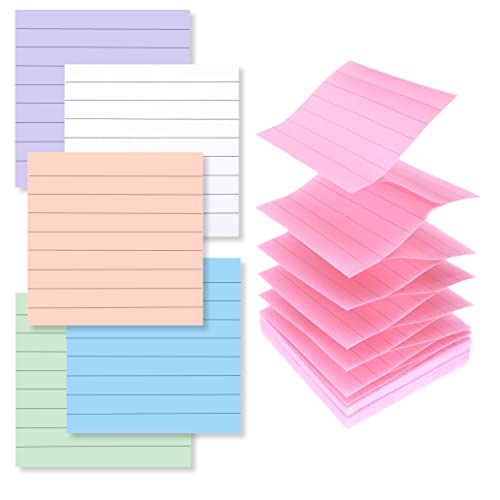 Lined Pop Up Sticky Notes 3x3 inch Refills, 100 Sheets/pad, 6 Pads/Pack Easy to Post Sticky Notes with Lines, Accordion,z fold Notes,Pink,Orange,White,Green, Blue,Purple
