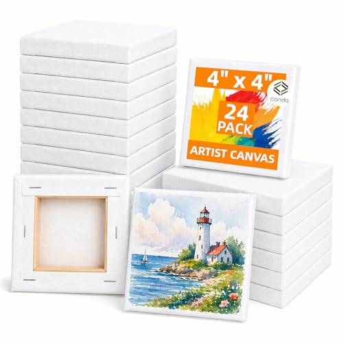 CONDA 24 Pack 4x4 Inch Mini Blank Canvas for Painting 100% Cotton Stretched Canvas with Pinewood Frame Acid-Free Primed Mini Square Canvas for Acrylic Oil Painting Classroom Art & Party Decor