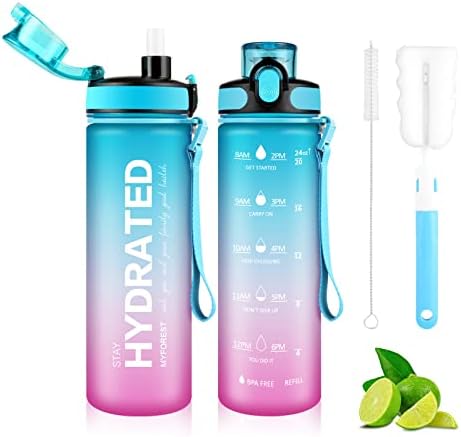 MYFOREST 1Litre Water Bottle with Straw and Time Marker BPA Free, 1L Sport Drinks Bottle with Leakproof Flip Top Lid,32oz Motivating Water Bottles for School, Work, Travel,Sport - Green Pink Blue