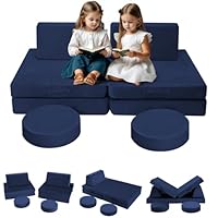MeMoreCool Kids Play Couch Bed, Modular Toddler Sofa Chair for Playroom, 8-Piece Fold Out Baby Couch Play Set, Children Convertible Foam Sofa for Girls Boys, Navy Blue