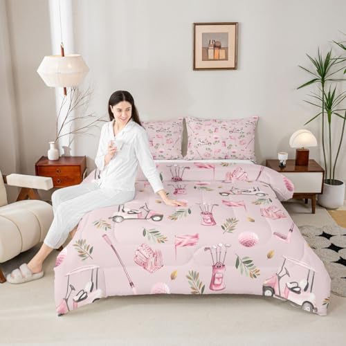 Image of Feelyou Pink Golf Comforter Set Twin Size Leaves Bedding Set for Kids Boys Girls Sports Golfing Theme Duvet Quilt Bedroom Decor Microfiber 2 Pcs with 1 Pillow Cases