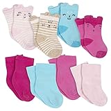 Gerber Baby Girls' 8-Pack Wiggle Proof Jersey Crew Socks, Kitty, 24 Months