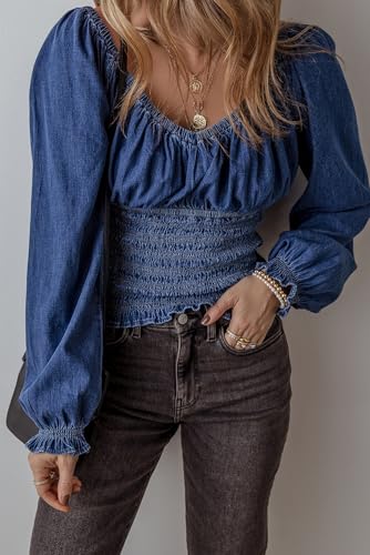Women's Dark Blue Smocked Ruffled Puff Sleeve Denim V Neck Blouse3