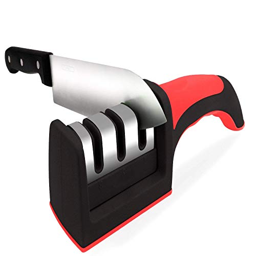LPVLUX Kitchen Knife Sharpener - Stainless Steel 3-Stage Chef Knife Sharpening Tool With V-Slots For Shaping, Repairing & Polishing Blades - For Straight & Serrated Knives - Non-Slip Grip Base