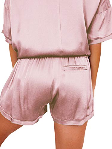 Lyaner Women's Satin Silky Pajamas Set Short Sleeve T-Shirt With Shorts Set Pjs Loungewear Rosy Pink Small #TOP1