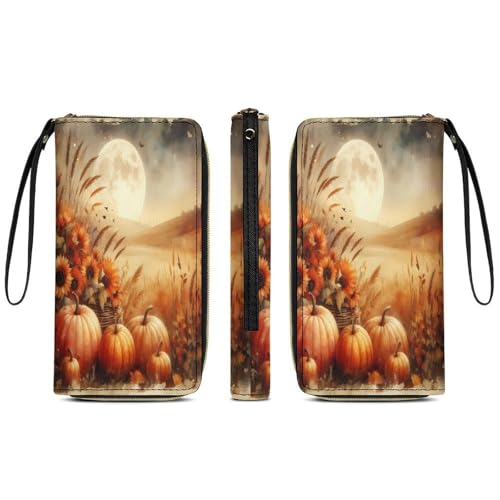 Fall Pumpkin Sunflower Full Moon Women's Wallet Wristlet Zipper Purse with Hand Strap Travel Credit Card Holder for Daily Use Gifts4
