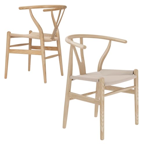 VODUR Wishbone Chair Natural Solid Wood Dining Chair/Hans Wegner Y Chair Rattan and Wood Accent Armrest Chairs Set of 2 (Ash Wood + Natural)