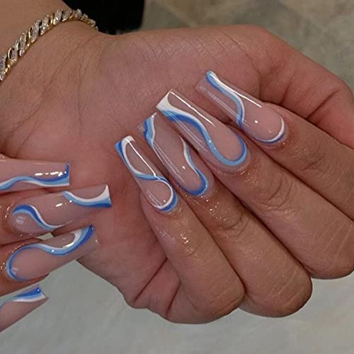 24Pcs Press on Nails Long - French Line Fake Nails - Blue White Wavy Lines Ballerina False Nails with Designs Coffin Press on Fake Nails Square Head Detachable Acrylic Nails Tips with Glue for Women