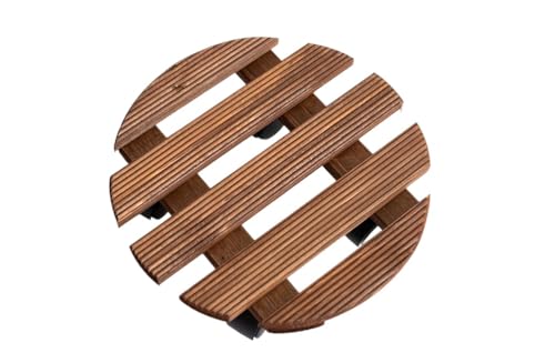RADO WOOD Wooden Plant Pot Caddy - 30cm Round - Vintage style - Grooved Surface - Garden Plant Pot Trolley - Stand Mover Dolly on Wheels - Indoor & Outdoor – Dark Brown