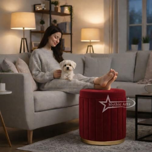 Image of Round Strip Stool with Cushion Foot Rest Office Stool Pouf Ottoman Padded Seat in Living Room - RED