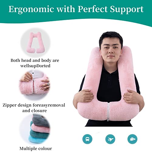 Image of FHSGGP Travel Pillow Upgraded Version of Aircraft Travel Neck Pillow | With Storage bag, Sleep Pillows for Travel by Train, Car, or Plane, Supporting the Head and Body, Travel Pillow for Kids Pink