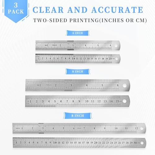 image for CHAYUFUN 3 Pack Stainless Steel Ruler Set, 6, 8, 12 Inch Metal Rulers,