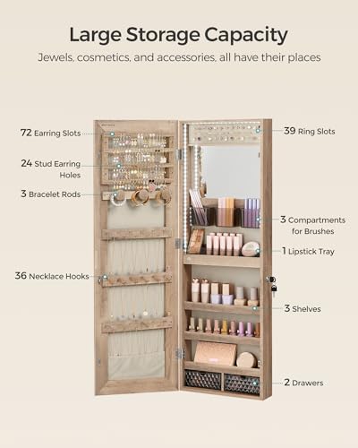 Image of SONGMICS Jewelry Cabinet Armoire Organizer with LED Lights, Wall-Mounted Storage Cabinet with Full-Length Frameless Mirror, Built-in Makeup Mirror, 2 Drawers, Lockable, Camel Brown UJJC013N01