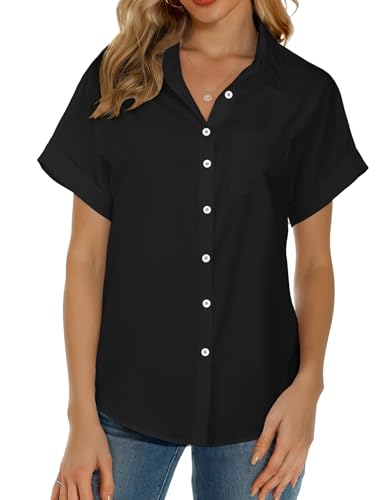 Womens Short Sleeve Button Down Shirts, V Neck Collared Causal Shirt Tops with Pocket, Summer Blouse Solid Loose Tops2