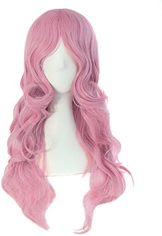 MapofBeauty 24 Inch Long Wavy Side Bangs Party Anime Cosplay Wig, Pink