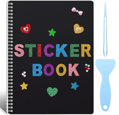 UFU Large Reusable Sticker Book Collecting Album 8.511 Inch Sticker Storage Collection Organizer Book with 40 Sheets Blank Release Paper Letter & Gem Cover Stickers and Tools