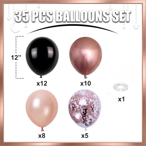 Image of HILAVO Rose Gold and Black Balloons, 12Inch Metallic Rose Gold and Confetti Latex Balloons for Girls Women Birthday Graduation Baby Bridal Shower Party Decorations