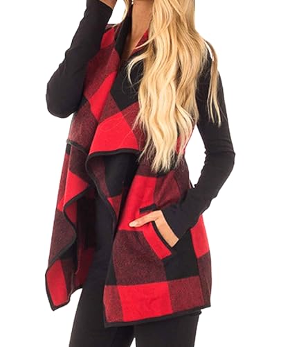 Women Buffalo Plaid Vest Casual Lapel Open Front Sleeveless Cardigan Jacket Coat with Pockets S-3XL2