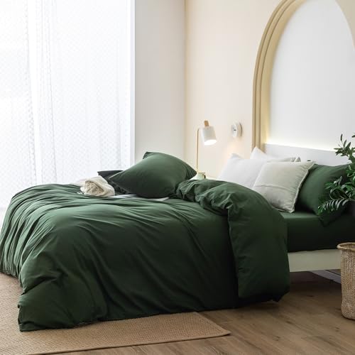 JIYUAN 100% Washed Cotton Duvet Cover Set 3 Pieces Super King, 1 Duvet Cover 108x98 Inches(Comforter Not Included) and 2 Pillowcases,Linen Feel Bedding Set Comfy and Breathable,Forest Green