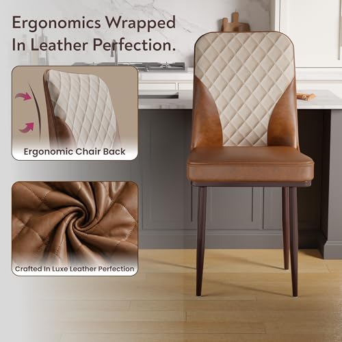 Image of IKON Premium Leather Dining Chair with Cushioned Seat & Metal Legs | Premium Accent Chair for Living Room, Bedroom & Balcony | D.I.Y (Saddle Cream)