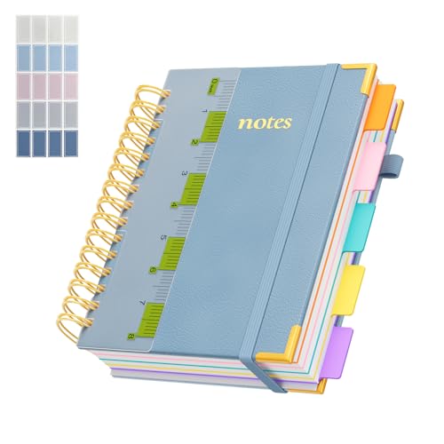 XYark A5 Hardcover Spiral Notebook, 6.3"x8.5" College Ruled Notebooks with Removable Divider Tab & Ruler, 5 Subject Notebook 300 Pages, Small Lined Journal for Women Men School Work Office, Light Blue
