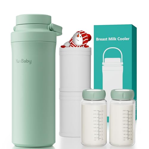 Image of YunBaby 22oz Portable Breast Milk Cooler, Game-changer with 360° Total Cooling Gel Ice Pack for 30 Hours, Baby Travel Breastfeeding Essential Chiller with 2pcs Bottles for Breastmilk Storage (Green)
