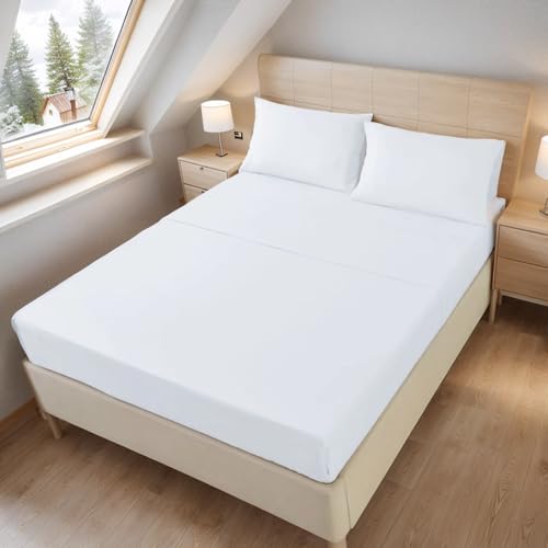 Etrexonline Conjunto de Sábanas 4 Piezas Cama 150 cm - Microfibra Ultra Suave Incluye 1 Bajera 150x200+28 cm, 1 Encimera 230x270 cm, y 2 Fundas de Almohada 50x90 cm - Color Blanco Liso