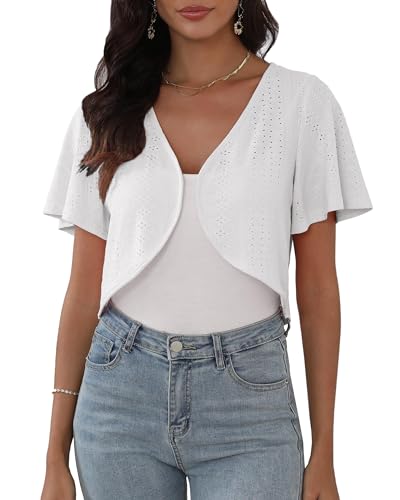 YIBOMODA Womens Short Sleeve Shrug Knit Eyelet Embroidery Open Front Cropped Bolero Cardigan Shrugs for Dresses Lightweight White S