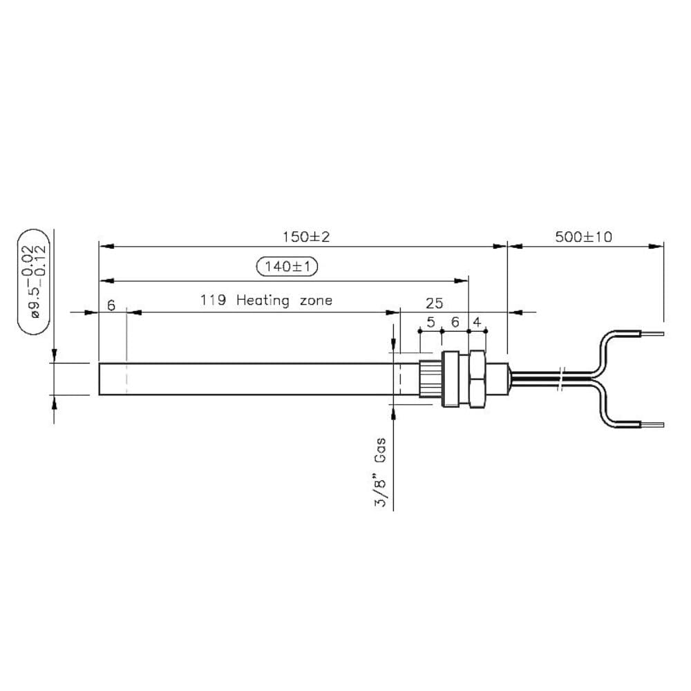 Zündkerze für Pelletofen PIAZZETTA/SUPERIOR/JOLLY MEC/INTERSTOVES/INVICTA/MCZ/FREEPOINT/RED/KAUSIFLAM/SKIA (150/140mm - Ø9,9mm - 280W - Mutter 3/8) mit Hülsen